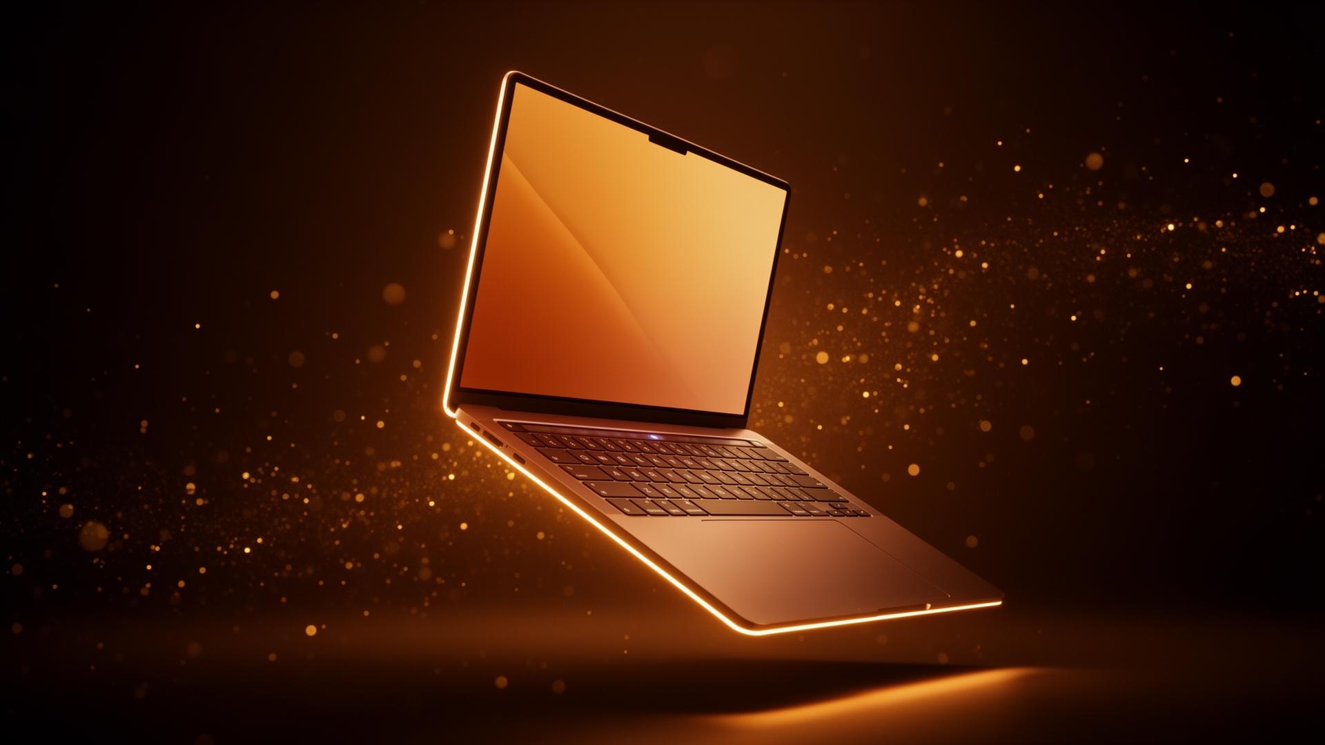 Premium laptop glowing in warm amber light